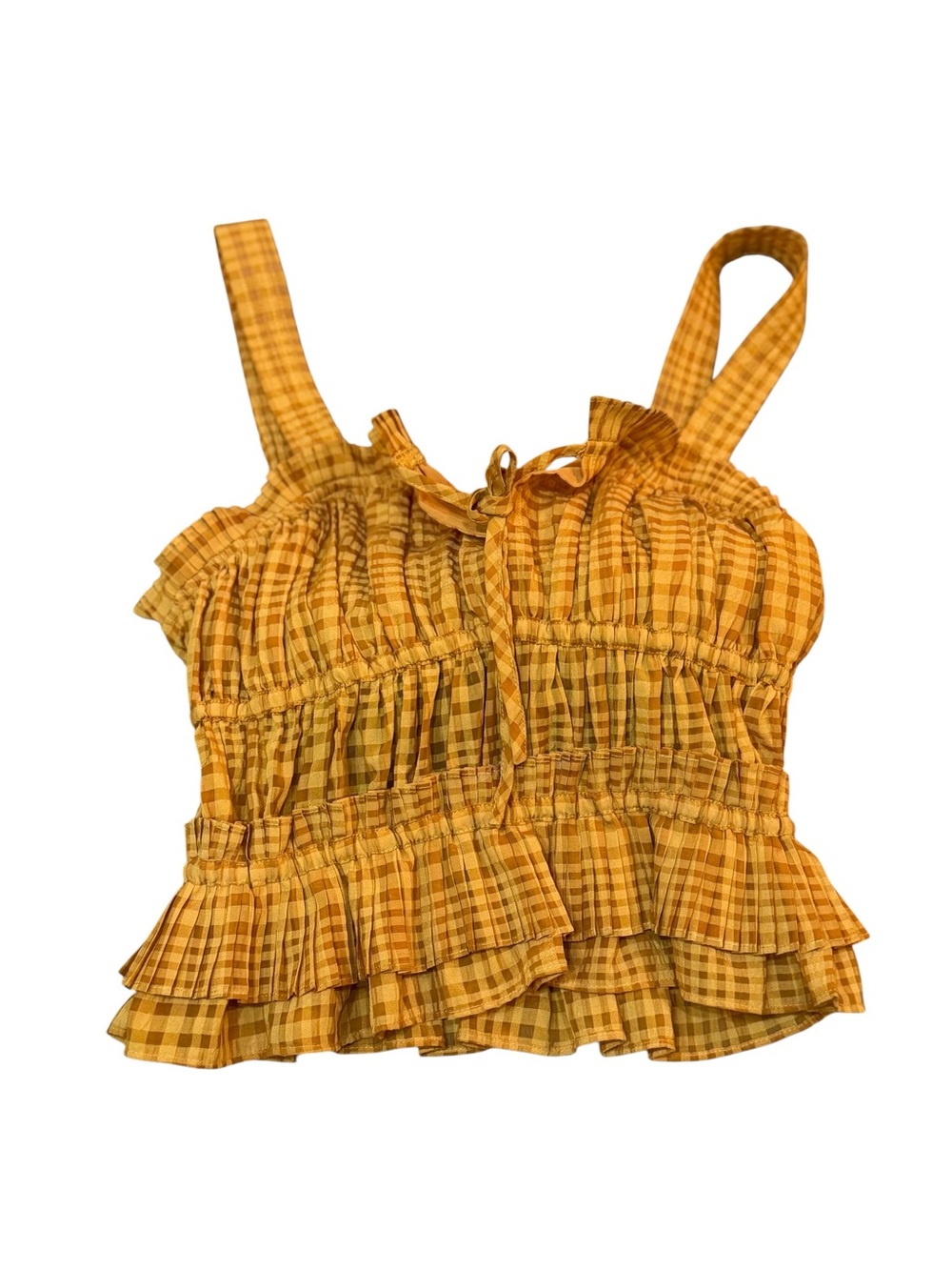 Anthropologie Yellow Gingham Smocked Ruffle Cami Cottagecore Top SIZE XS
